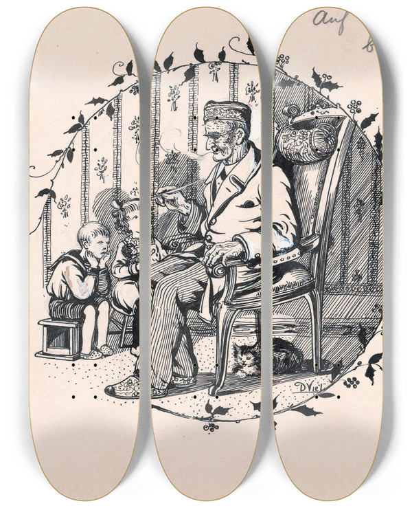 Triptych art skateboard deck of D Viel Pijprokende Man En Twee Kinderen by D Viel (20-)