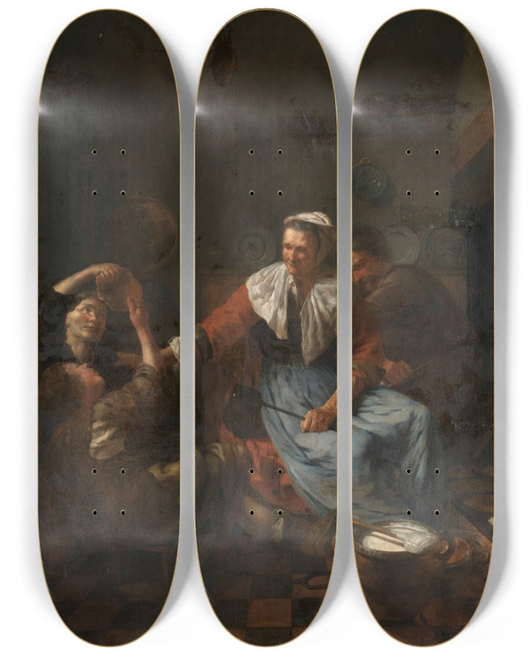 Triptych art skateboard deck of Jan Van Pee Making Pancakes by Jan Van Pee (1630-1710)