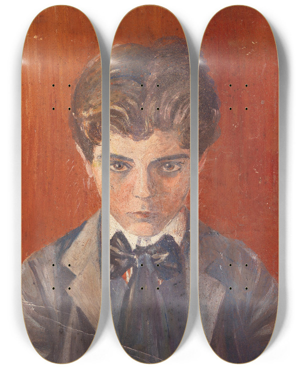 Triptych art skateboard deck of Egon Schiele Selbstbildnis Vor Rotem Hintergrund by Egon Schiele (1890-1918)