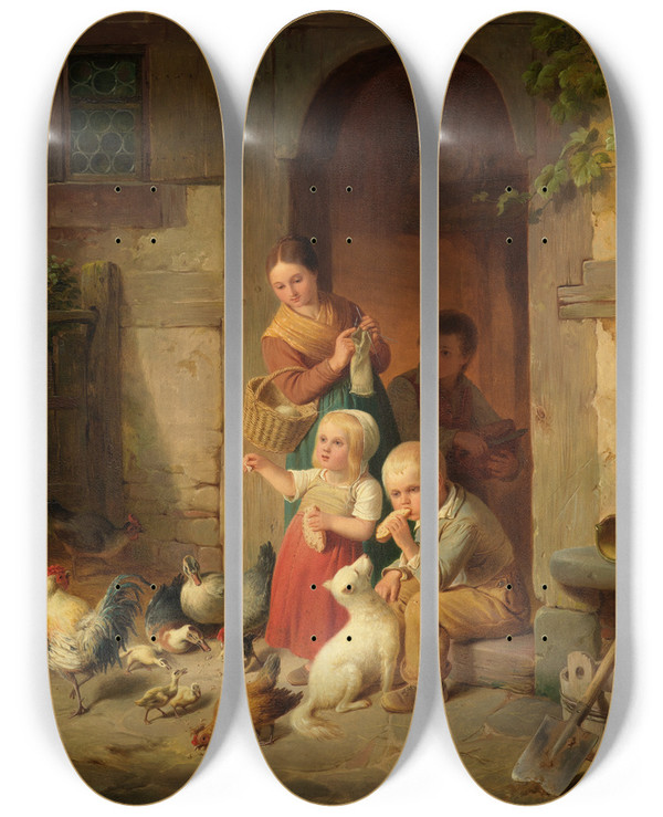 Triptych art skateboard deck of Heinrich Franz Gaudenz Von Rustige Bauernkinder Fttern Hhner by Heinrich Franz Gaudenz von Rustige