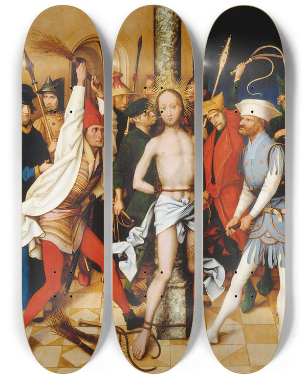 Triptych art skateboard deck of Hans Holbein The Elder Flagellation by Hans Holbein The Elder (1460-1524)