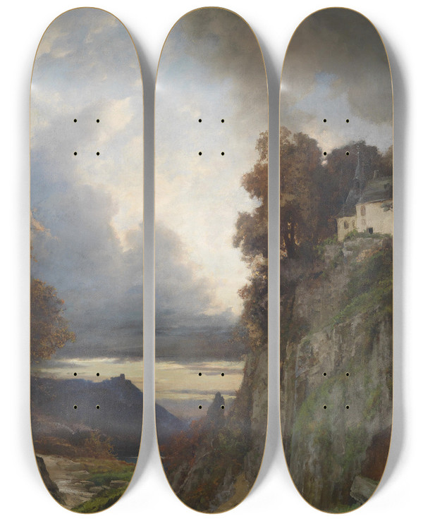 Triptych art skateboard deck of Albert Flamm Abendstimmung Am Rhein Koblenz by Albert Flamm (1823-1906)