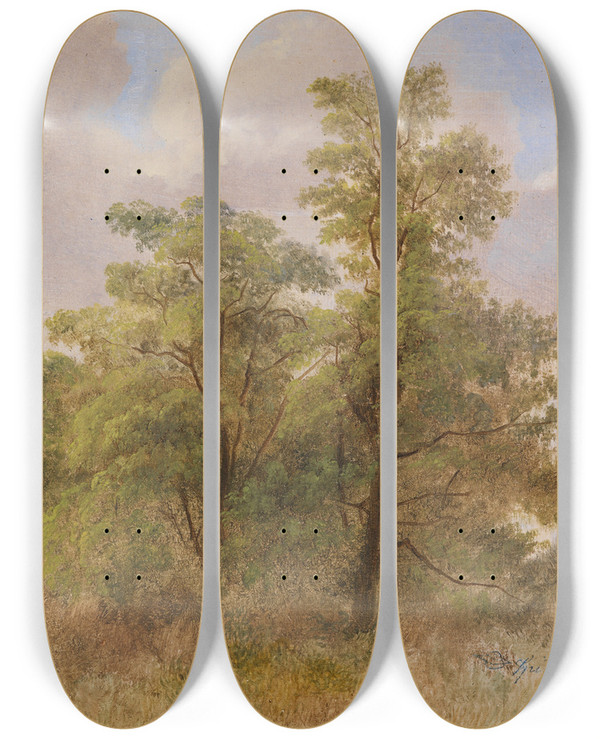 Triptych art skateboard deck of Carl Spitzweg Baumstudie by Carl Spitzweg (1808-1880)