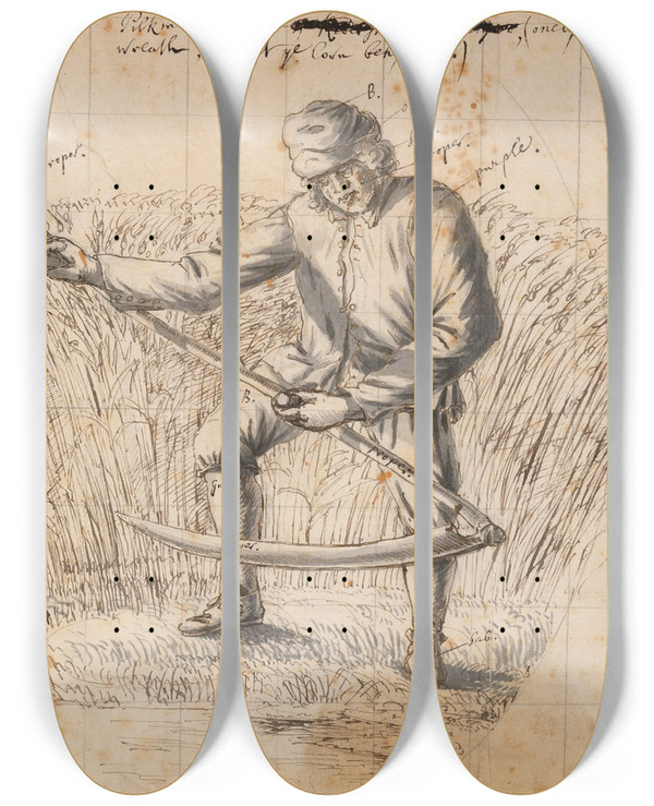 Triptych art skateboard deck of Francis Place A Study For The Pilkington Crest A Mower With A Scythe by Francis Place