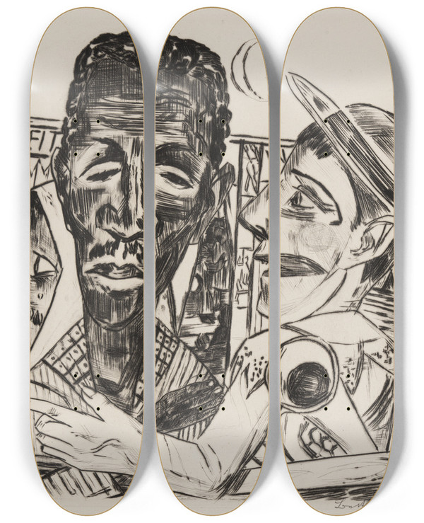 Triptych art skateboard deck of Max Beckmann Der Neger by Max Beckmann (1884-1950)