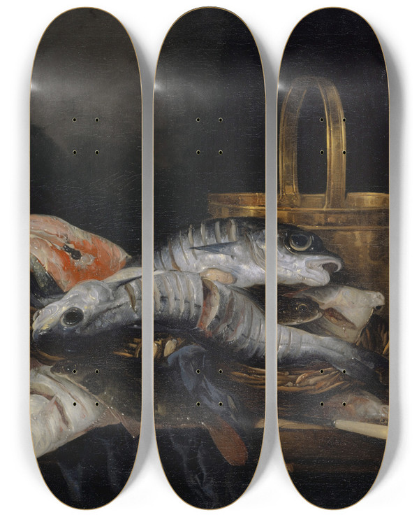 Triptych art skateboard deck of Abraham Van Beyeren Dead Fish by Abraham Van Beyeren (1620-1690)