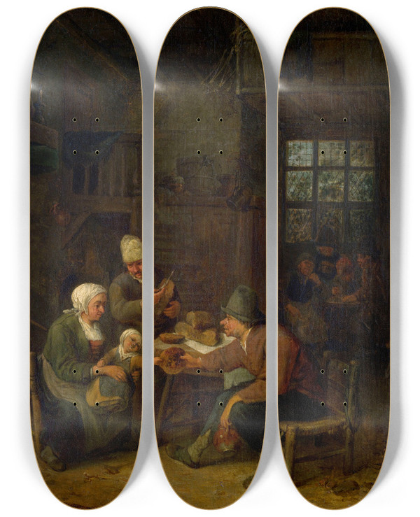 Triptych art skateboard deck of Cornelis Dusart Interior by Cornelis Dusart (1660-1704)