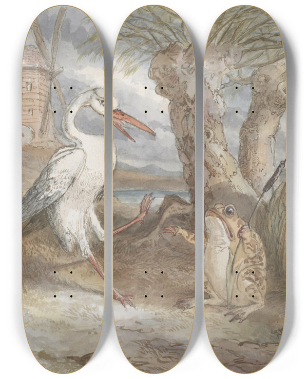 Triptych art skateboard deck of Alfred Crowquill Frog And Bird by Alfred Crowquill