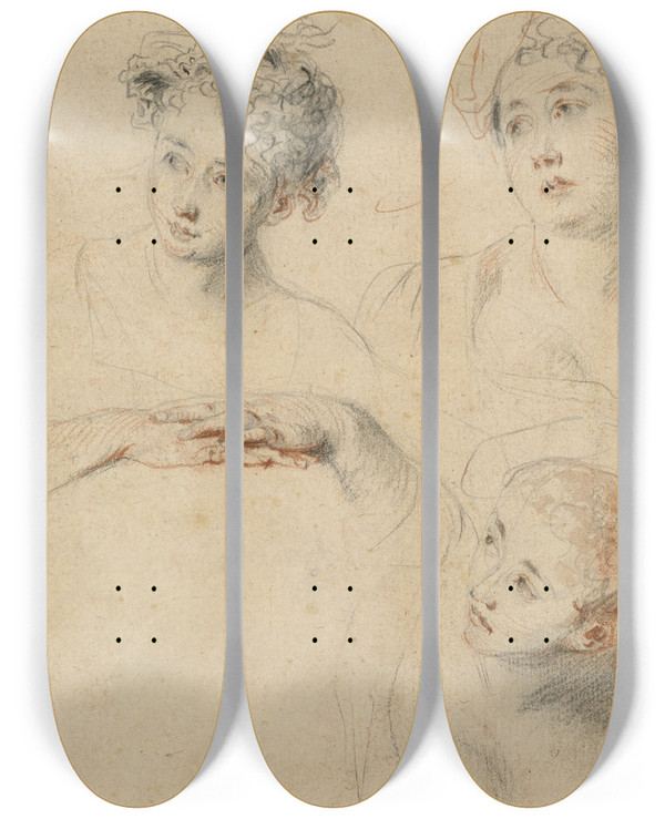 Triptych art skateboard deck of Jeanantoine Watteau Three Studies Of A Womans Head And A Study Of Hands Recto by Jean-Antoine Watteau (1684-1721)