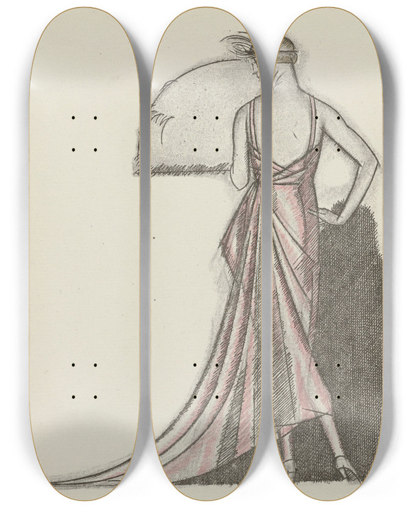 Triptych art skateboard deck of Bernard Boutet De Monvel Une Robe Du Soir De Worth by Bernard Boutet De Monvel (1881-1949)