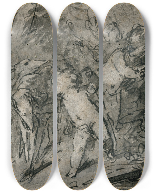 Triptych art skateboard deck of Jacob De Wit Putti Met Hazewindhond by Jacob de Wit (1695-1754)