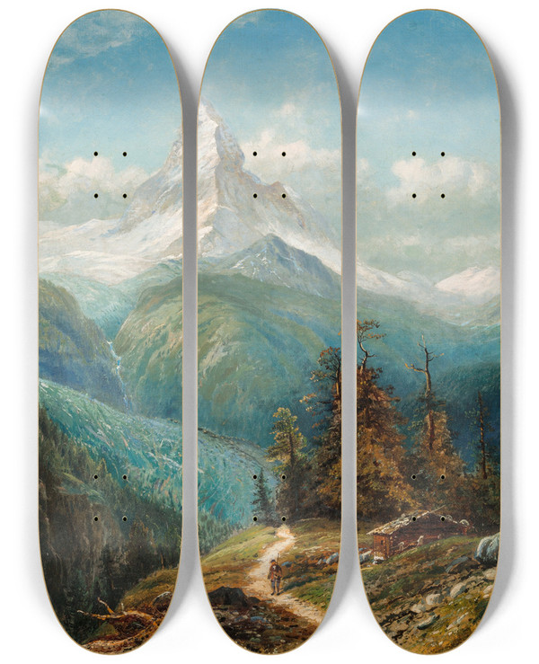 Triptych art skateboard deck of Edmund Darch Lewis The Matterhorn by Edmund Darch Lewis (1835-1910)