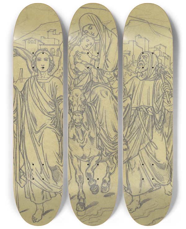 Triptych art skateboard deck of Ferdinand Fellner Flight To Egypt by Ferdinand Fellner (1799-1859)