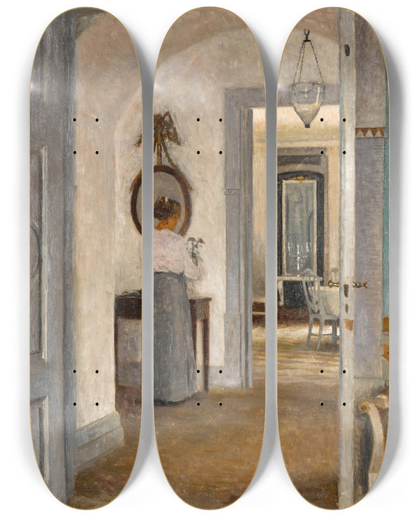 Triptych art skateboard deck of Peter Ilsted Interior With A Woman Before A Mirror Liselund by Peter Ilsted (1861-1933)