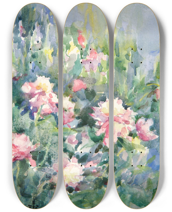 Triptych art skateboard deck of Bertha Eversfield Perrie Untitled Flowers_2 by Bertha Eversfield Perrie (1868-1921)