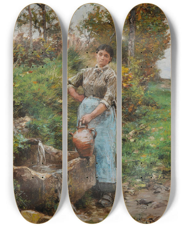 Triptych art skateboard deck of Lon Augustin Lhermitte A La Fontaine by Lon Augustin Lhermitte (1844-1925)
