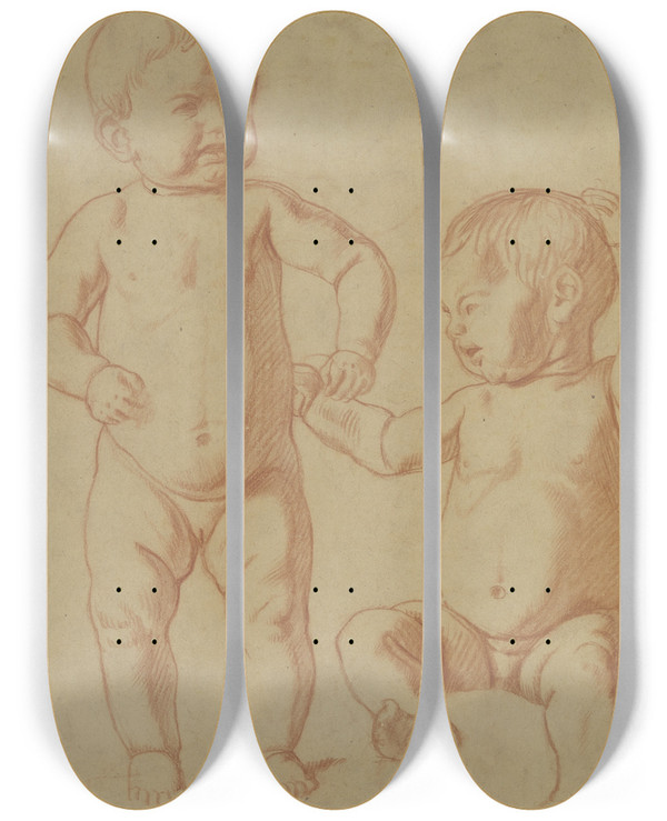 Triptych art skateboard deck of Fritz Boehle Two Cherubs by Fritz Boehle (1873-1916)