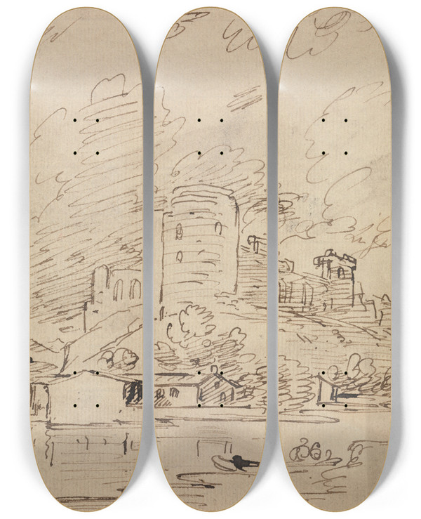 Triptych art skateboard deck of Joseph Farington Castle With A Round Tower Above A River by Joseph Farington (1747-1821)