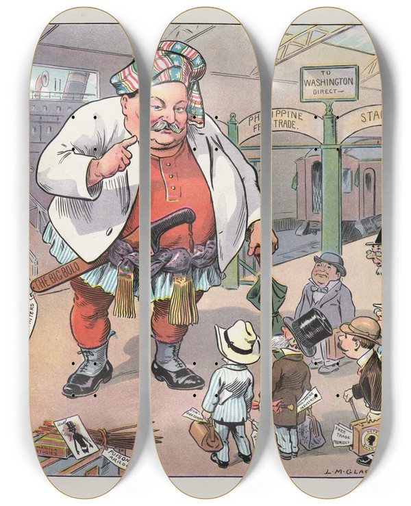 Triptych art skateboard deck of Louis Glackens Back From Bololand by Louis Glackens (1866-1933)