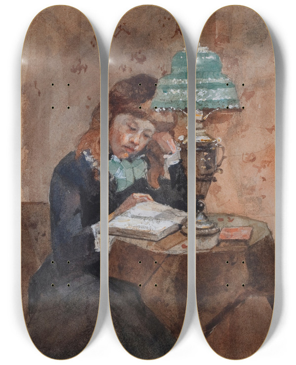 Triptych art skateboard deck of James Kay Girl Reading by James Kay