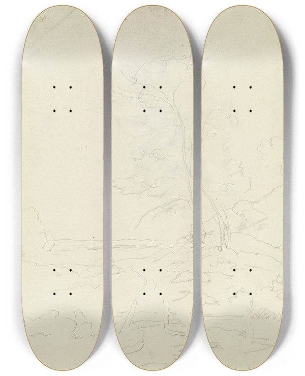 Triptych art skateboard deck of Carl Spitzweg Landscape With Two Trees by Carl Spitzweg (1808-1880)