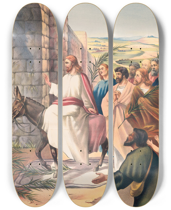 Triptych art skateboard deck of Stecher Litho Co Jesus Riding Into Jerusalem by Stecher Litho Co (1871)