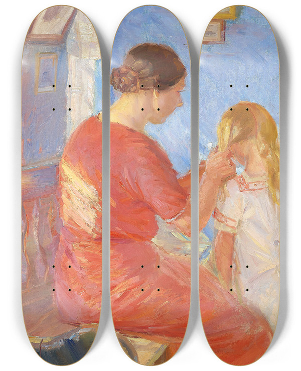 Triptych art skateboard deck of Anna Ancher Moderen Fletter Barnets Haar by Anna Ancher (1859-1935)