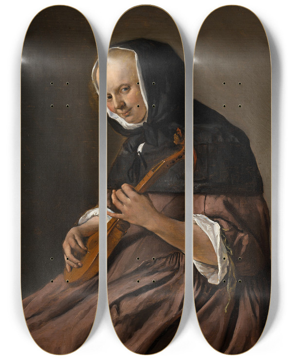 Triptych art skateboard deck of Jan Steen Woman Playing The Cittern by Jan Steen (1626-1679)