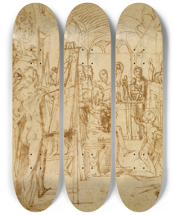 Triptych art skateboard deck of Parmigianino Interior Of A Painters Studio by Parmigianino (1503-1540)