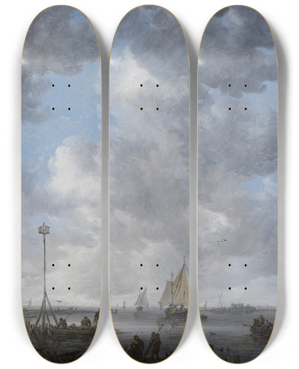 Triptych art skateboard deck of Jan Van Goyen A Calm by Jan Van Goyen (1596-1656)