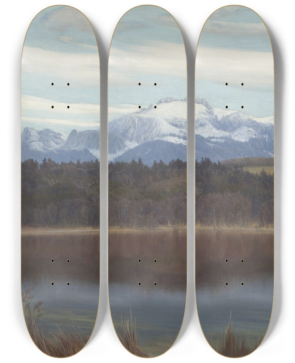 Triptych art skateboard deck of Michael Licklederer Kampenwand Mit Simssee by Michael Licklederer (1863-1948)