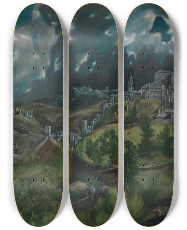Triptych art skateboard deck of El Greco Domenikos Theotokopoulos View Of Toledo by El Greco Domenikos Theotokopoulos (1540-1614)