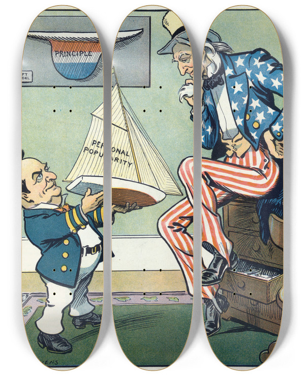 Triptych art skateboard deck of Louis Glackens The Same Old Model by Louis Glackens (1866-1933)