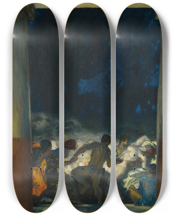 Triptych art skateboard deck of Franz Von Stuck Bacchanal by Franz Von Stuck (1863-1928)
