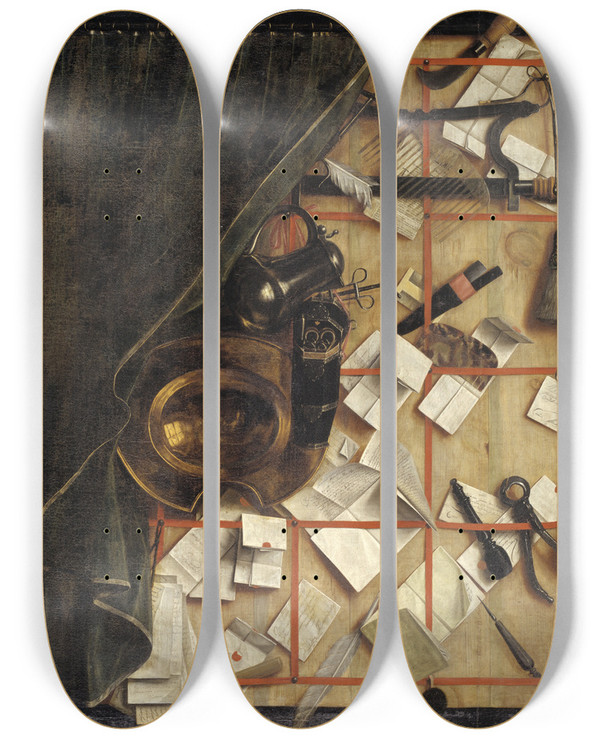 Triptych art skateboard deck of Cornelius Norbertus Gijsbrechts Trompe Loeil Letter Rack With A Barbersurgeons Instruments by Cornelius Norbertus Gijsbrechts (1630-1675)