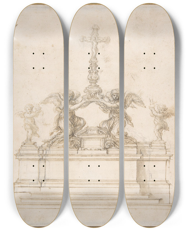 Triptych art skateboard deck of Ciro Ferri Design For An Altar With Kneeling Angels Supporting A Crucifix by Ciro Ferri (1634-1689)