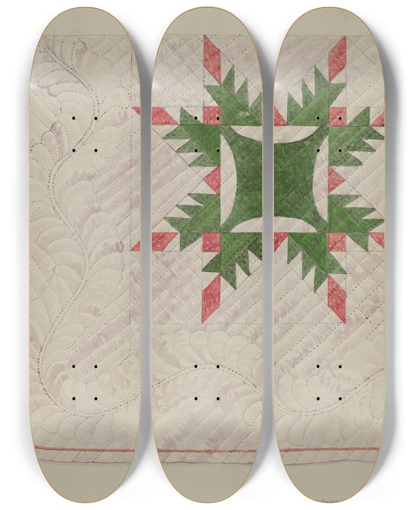 Triptych art skateboard deck of J Howard Iams Quilt by J Howard Iams (20-)