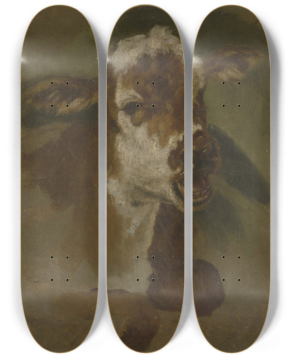 Triptych art skateboard deck of Adriaen Van De Velde Cattle Head by Adriaen van de Velde (1636-1672)