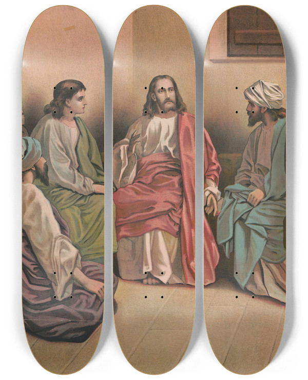 Triptych art skateboard deck of Harris Jones Co Christ Comforting His Disciples by Harris Jones Co (1868)