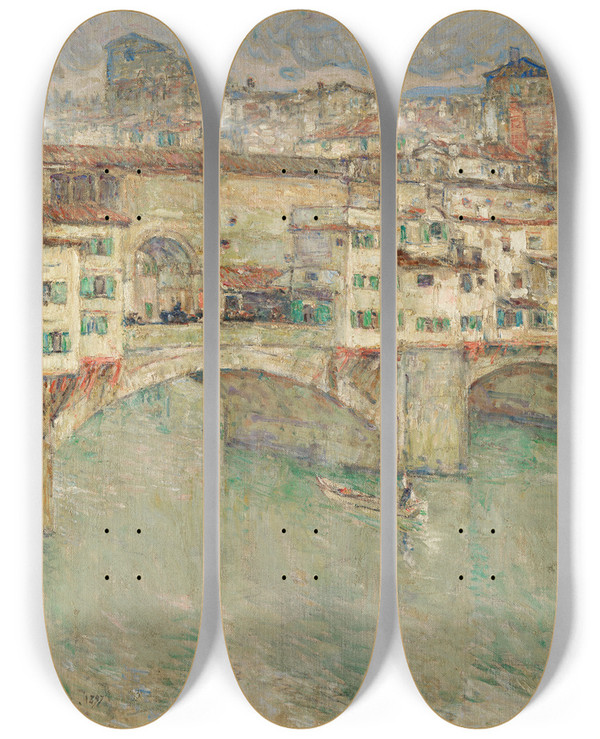 Triptych art skateboard deck of Childe Hassam Ponte Vecchio by Childe Hassam (1859-1935)