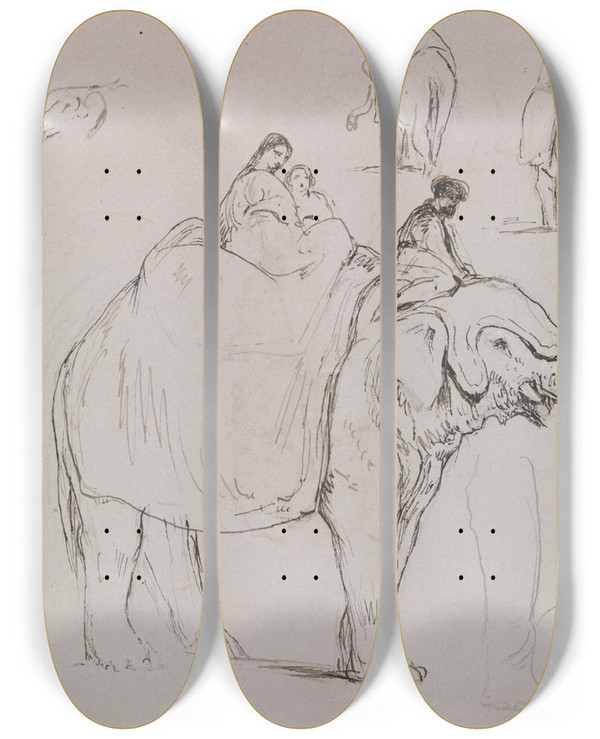 Triptych art skateboard deck of George Jones Figures On An Elephant And Other Elephant Studies by George Jones (1786-1869)