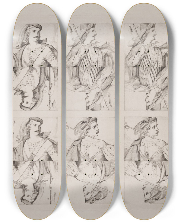 Triptych art skateboard deck of Sophus Schack Raderinger Til Spillekort Kngte by Sophus Schack (1811-1864)