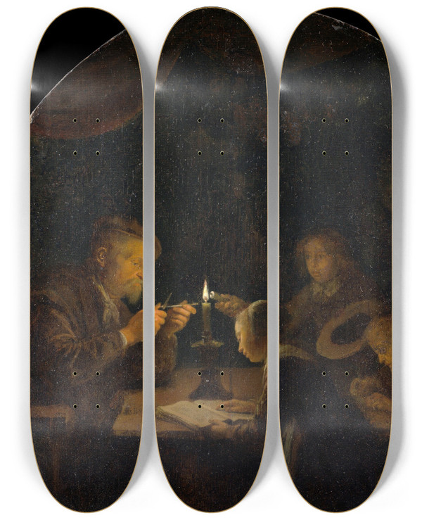 Triptych art skateboard deck of Gerrit Dou An Evening School by Gerrit Dou (1613-1675)