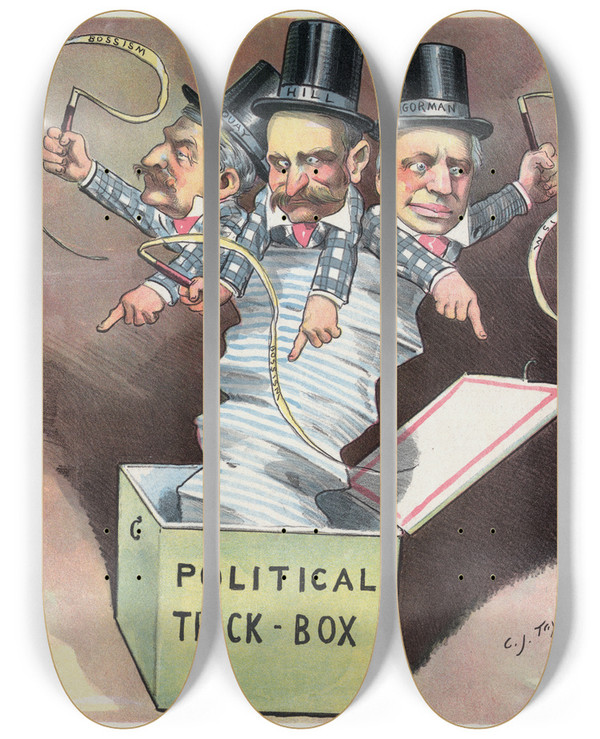 Triptych art skateboard deck of Charles Jay Taylor Up They Come Again by Charles Jay Taylor (1855-1929)