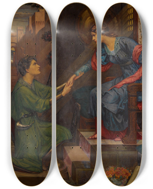 Triptych art skateboard deck of Sidney Harold Meteyard Tristram And Yseult by Sidney Harold Meteyard (1868-1947)