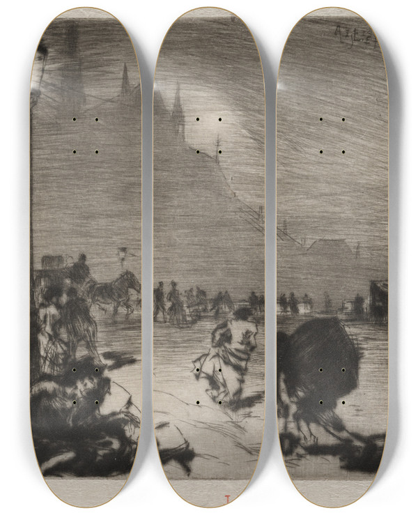 Triptych art skateboard deck of Auguste Louis Lepre Au Coin Du Pontauxdoubles by Auguste Louis Lepere (1849-1918)