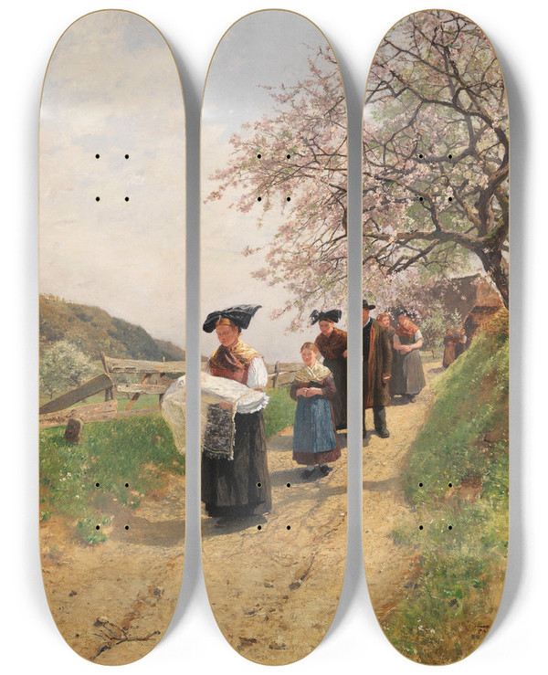Triptych art skateboard deck of Friedrich Kallmorgen Der Taufgang by Friedrich Kallmorgen (1856-1924)