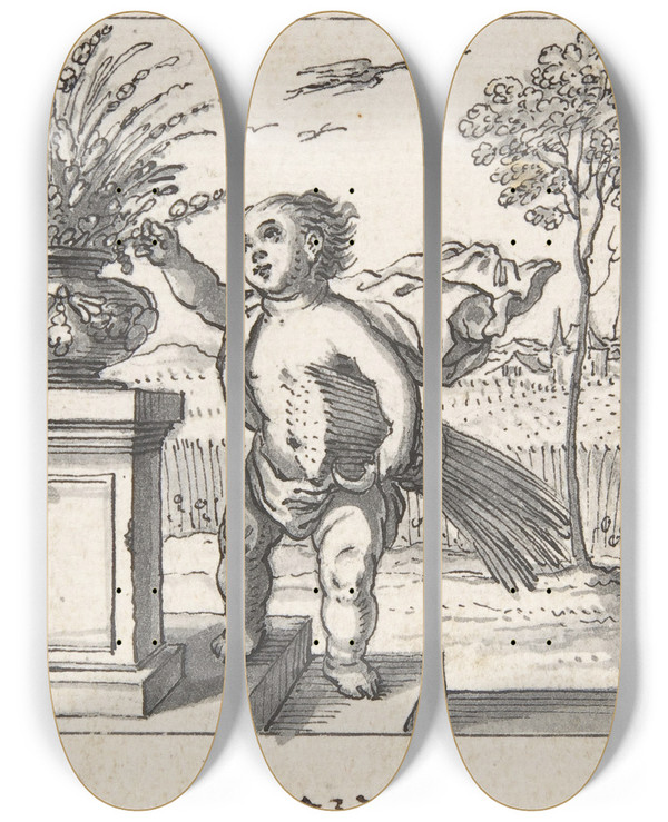 Triptych art skateboard deck of Georg Strauch Design For An Emblem With A Child Picking Flowers by Georg Strauch (1613-1675)