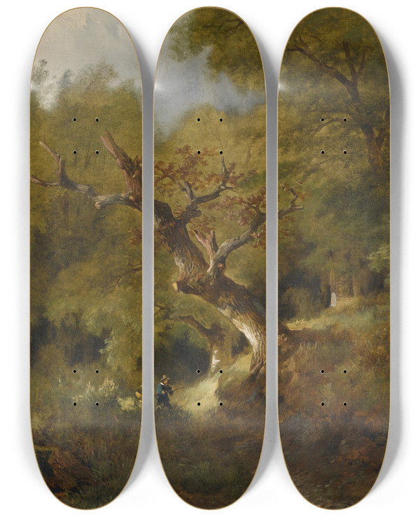 Triptych art skateboard deck of Remigius Adrianus Van Haanen Waldlandschaft Mit Jger by Remigius Adrianus Van Haanen (1812-1894)