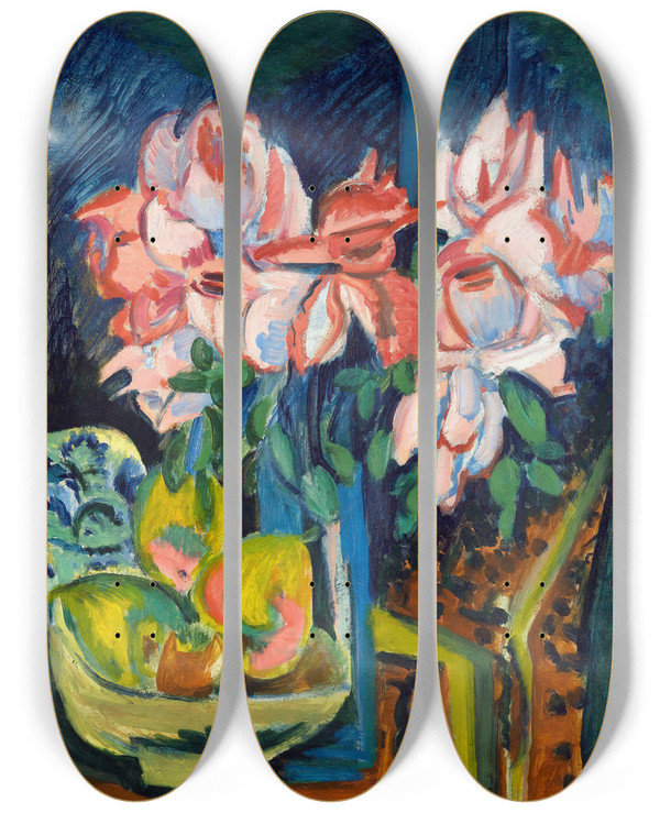 Triptych art skateboard deck of Ernst Ludwig Kirchner Pink Roses by Ernst Ludwig Kirchner (1880-1938)